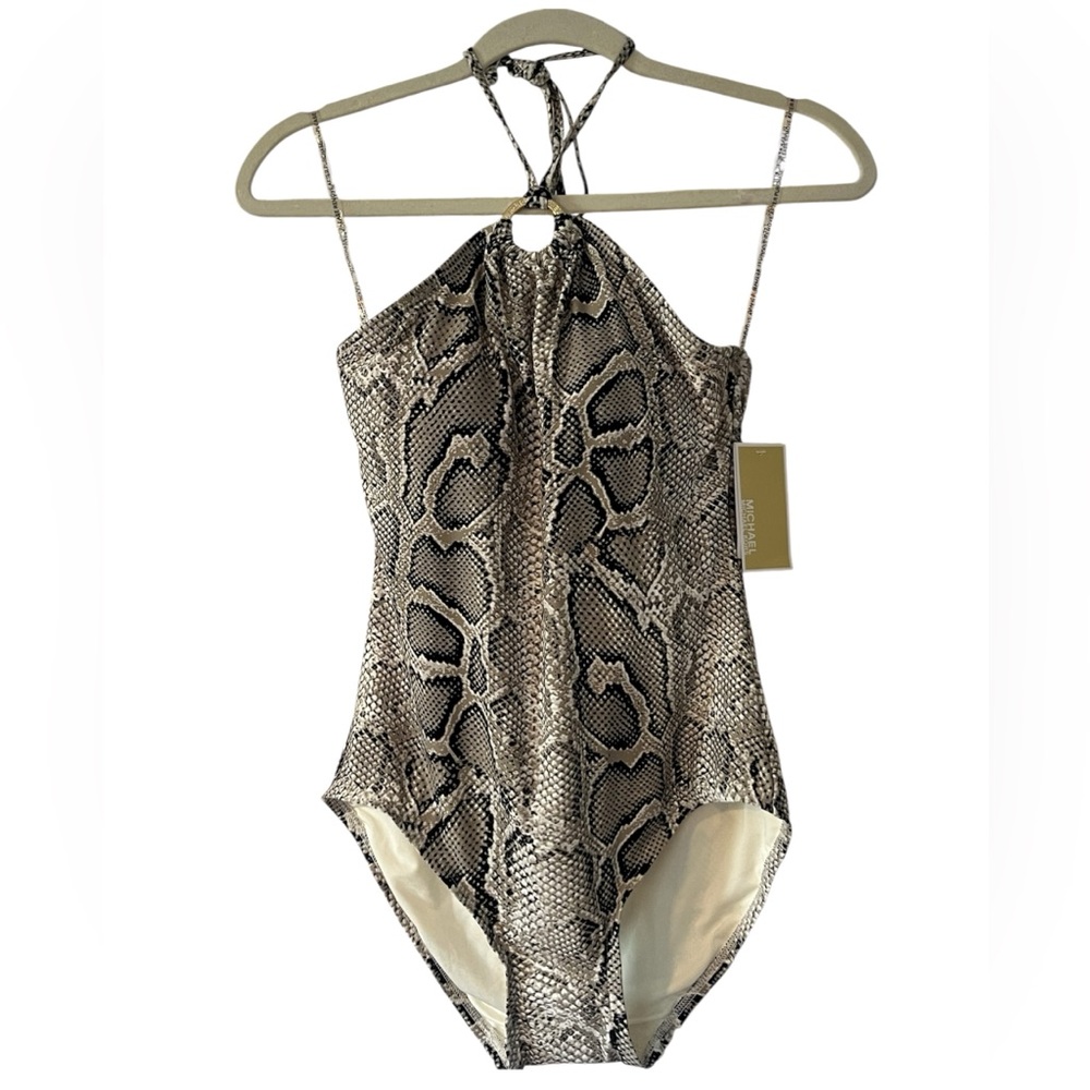 MICHAEL KORS Ring Halter One-Piece Snake Print Swimsuit